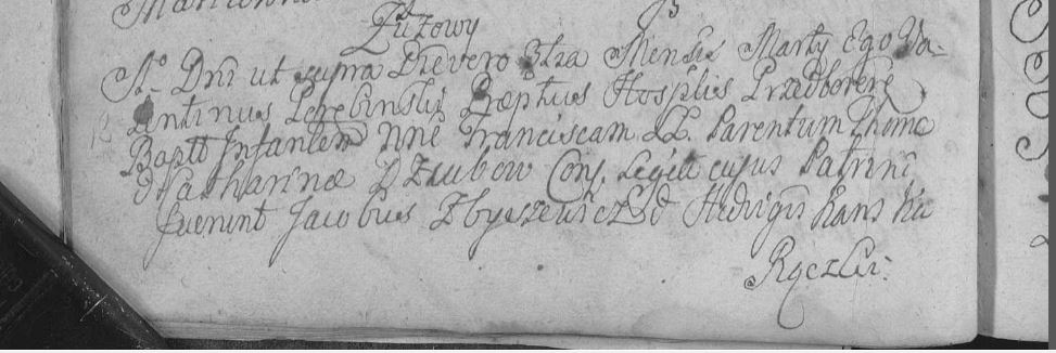 3 Marca 1769 Wieś Zuzowy imię dziecka Franciszka córka Tomasza i Katarzyny Dzubów 
