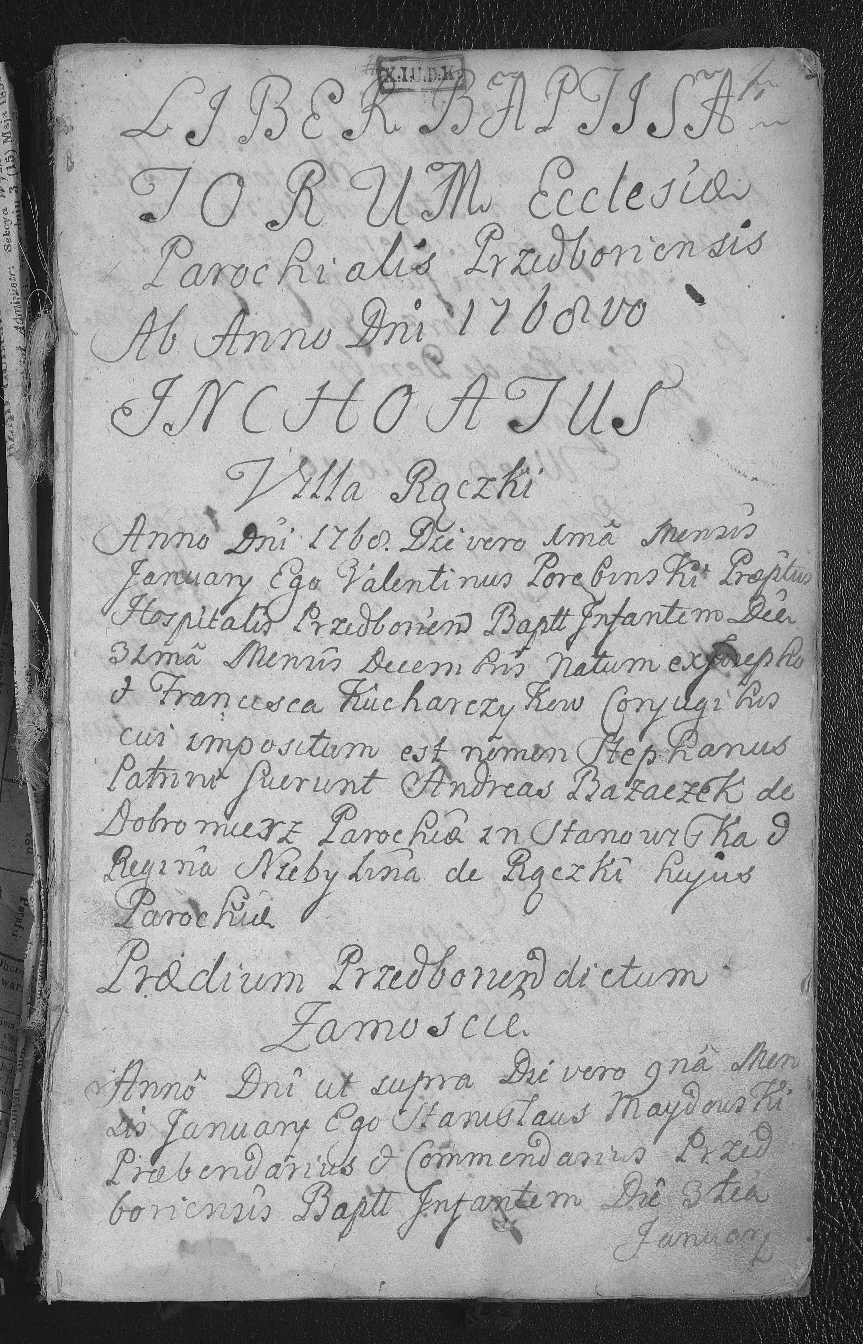 Pierwsza stronica z księgi z kościoła parafialnego w Przedborzu 